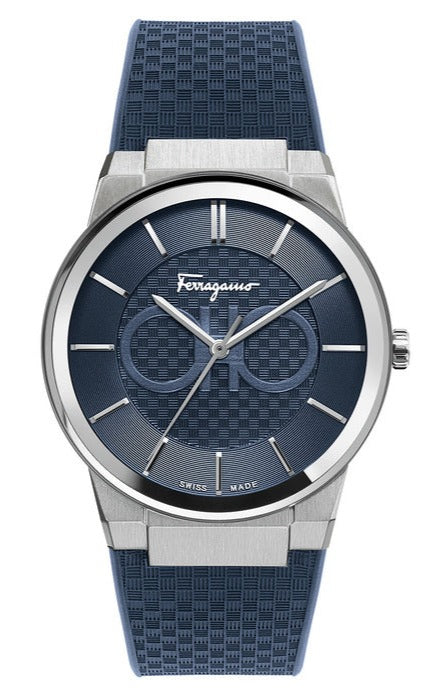 Salvatore Ferragamo watch with sapphire blue dial and blue rubber strap, silver-tone case