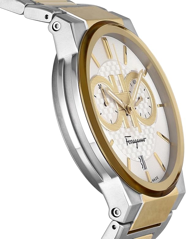 Side profile of Ferragamo Sapphire chronograph showing two-tone bracelet and bezel