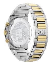Back view of two-tone Ferragamo Sapphire chronograph with bracelet detail