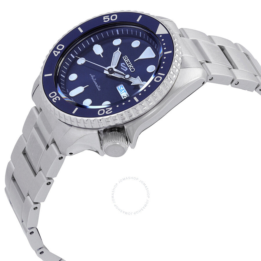 Seiko 5 Sports SRPD51K1 watch angled view showing blue dial and metal bracelet