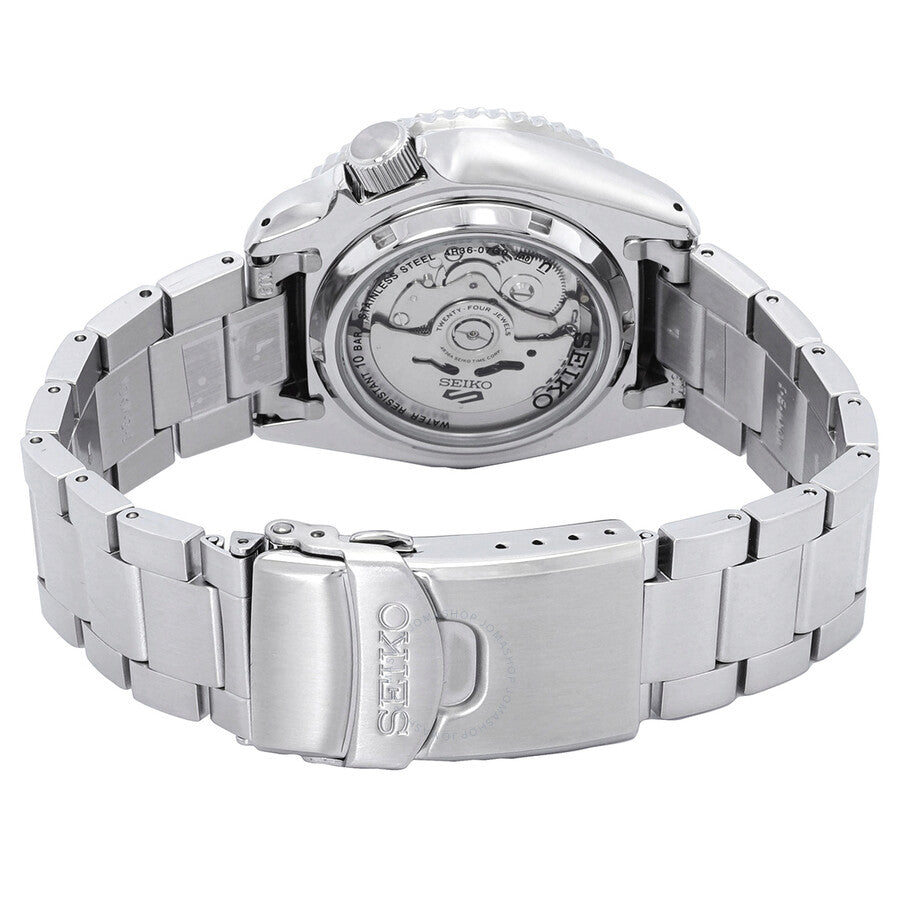 Seiko 5 Sports SRPD51K1 caseback showing automatic movement and stainless steel bracelet