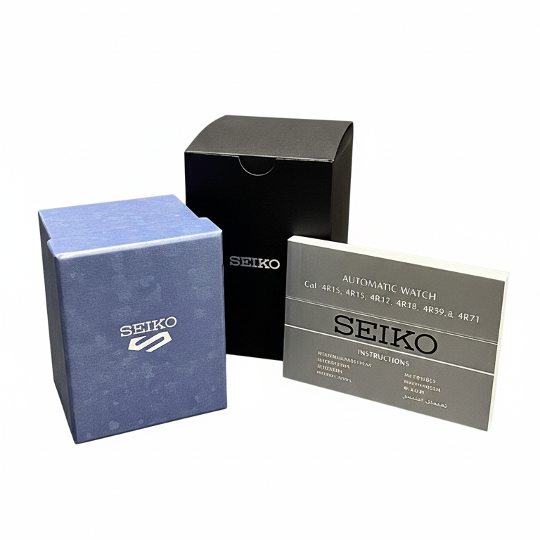 Seiko 5 Sports SRPD53K1 complete set with blue box, black outer box, and instruction manual