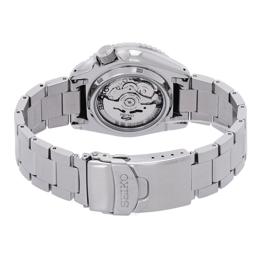 Seiko 5 Sports SRPD55K1 caseback showing automatic movement through transparent display