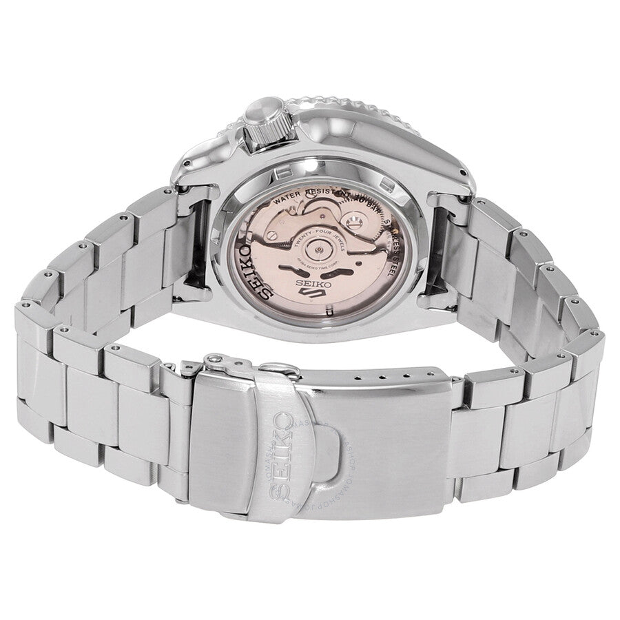 Seiko 5 Sports SRPD61K1 caseback showing automatic movement through transparent display