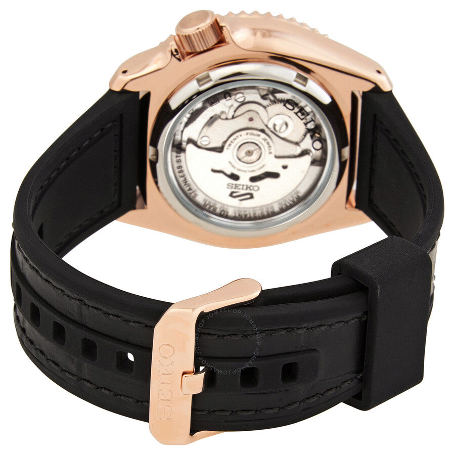 Seiko 5 Sports SRPD76K1 caseback showing automatic movement and transparent crystal