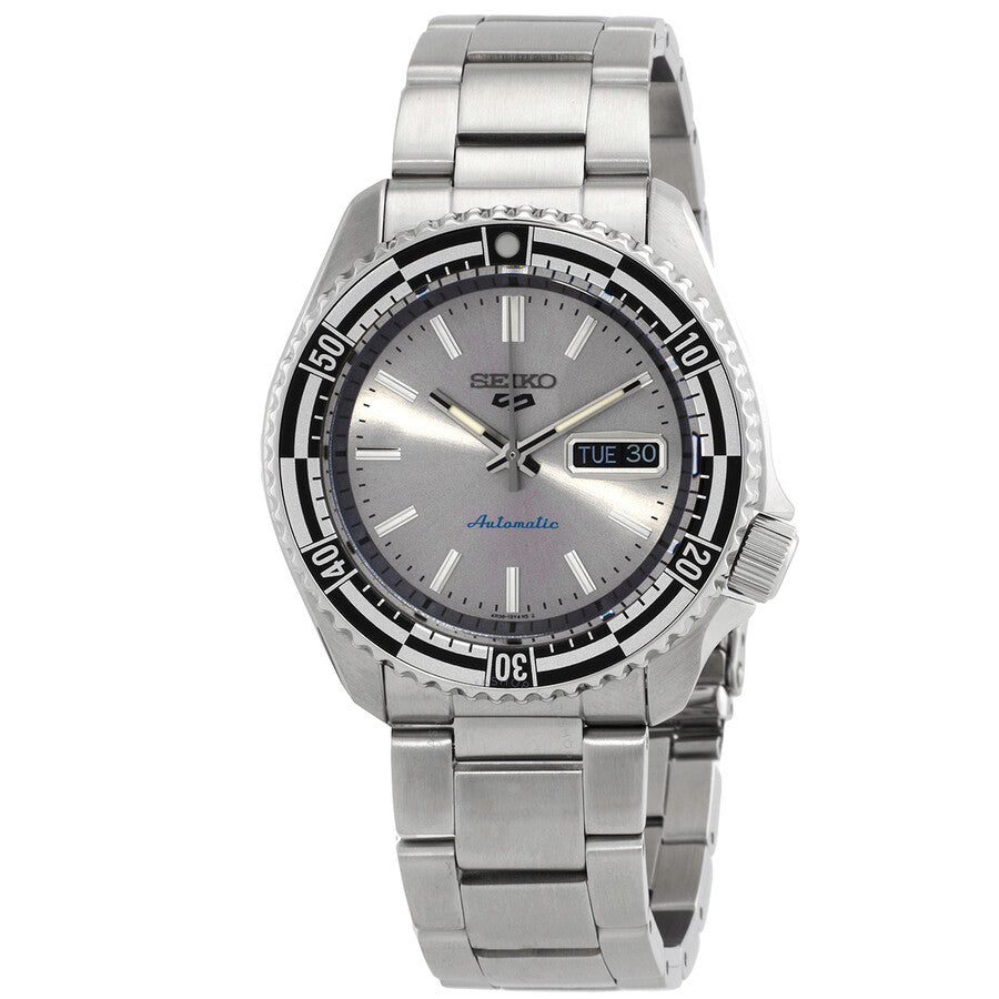 Seiko 5 Sports automatic watch with silver dial, day-date window, and stainless steel bracelet