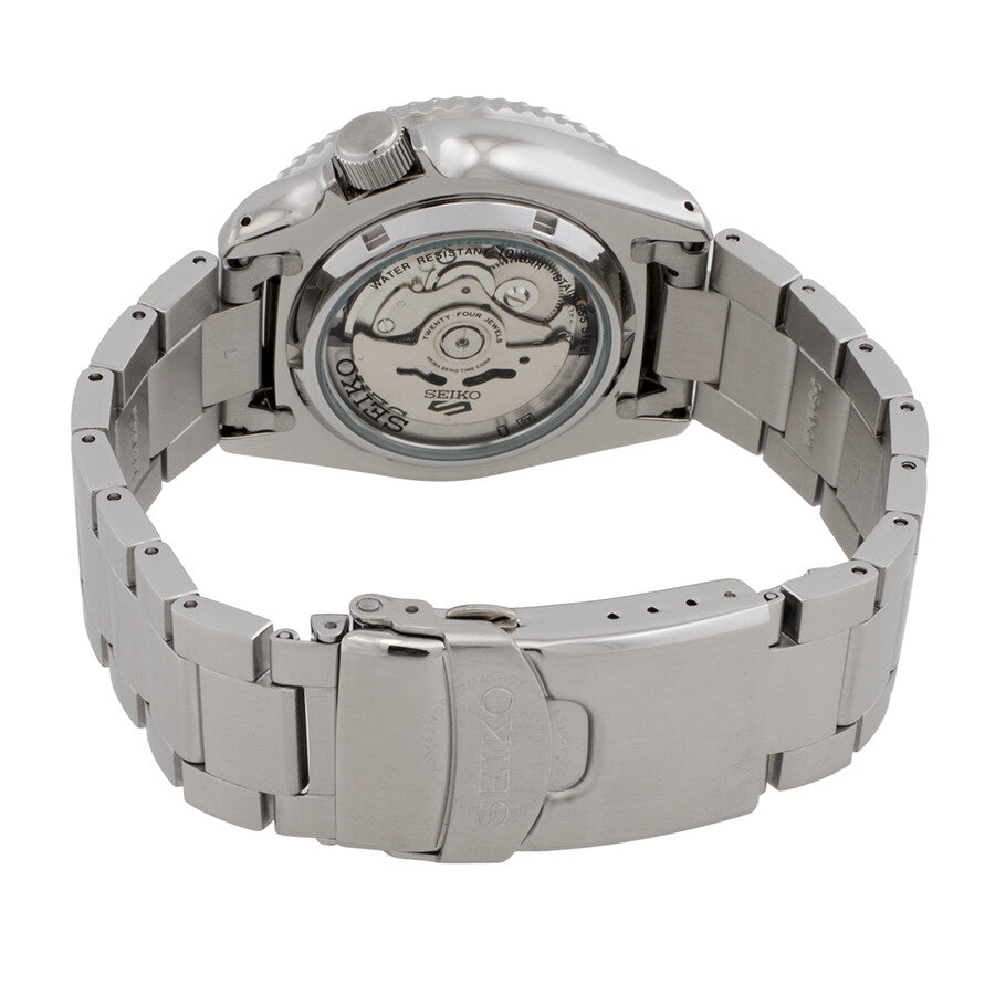 Seiko 5 Sports SRPK13K1 caseback showing automatic movement and exhibition crystal
