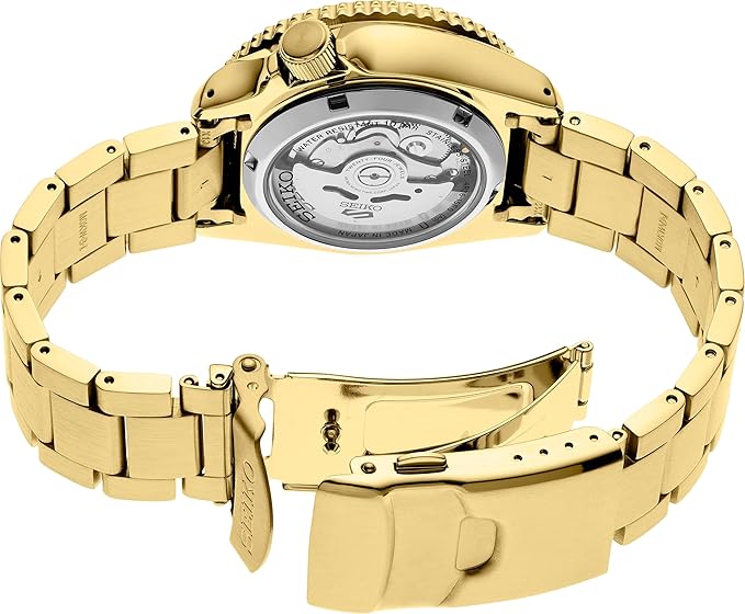 Seiko 5 Sports SRPK18 caseback showing automatic movement through crystal window