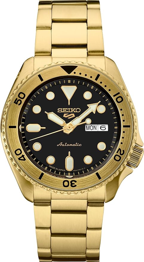 Seiko 5 Sports SRPK18 gold men's watch with black dial and gold bracelet