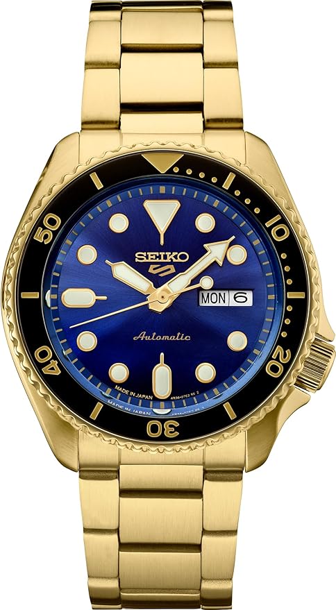 Seiko 5 Sports SRPK20 gold automatic watch with blue dial and day-date window