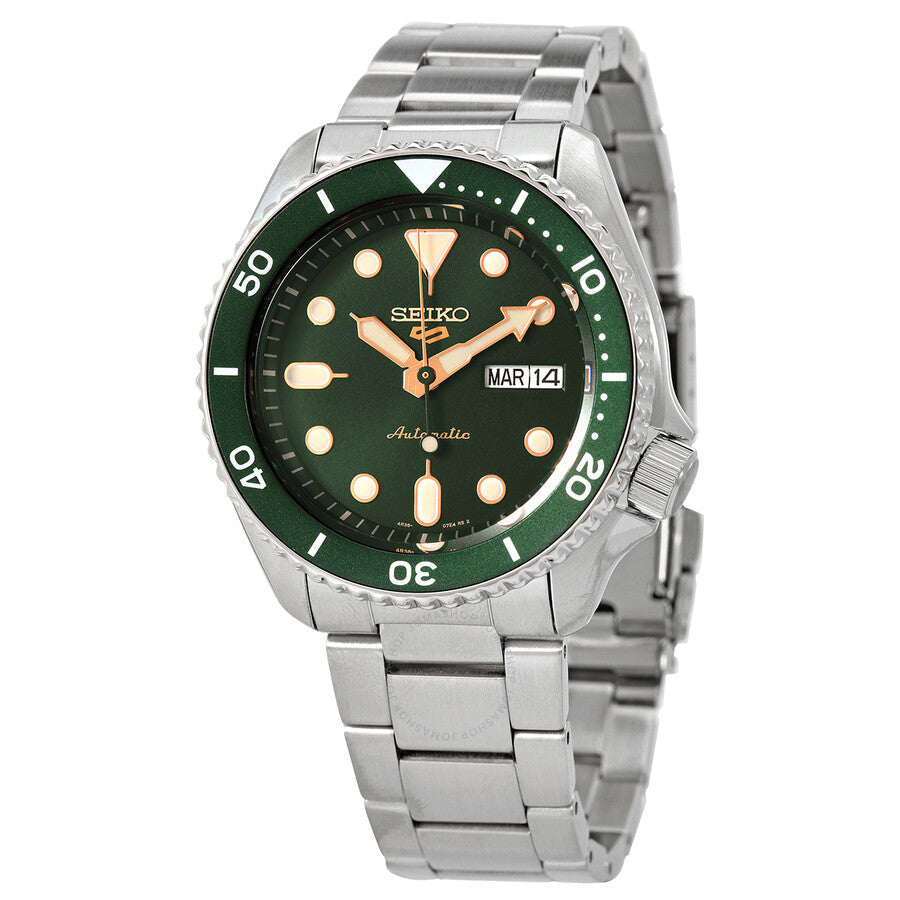 Seiko 5 Sports SRPD63K1 automatic watch with green dial and stainless steel bracelet