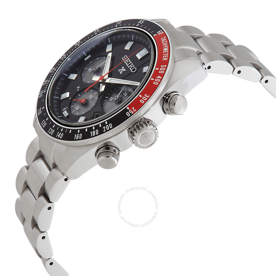 Side angle view of Seiko Prospex Speedtimer showing case profile and stainless steel bracelet