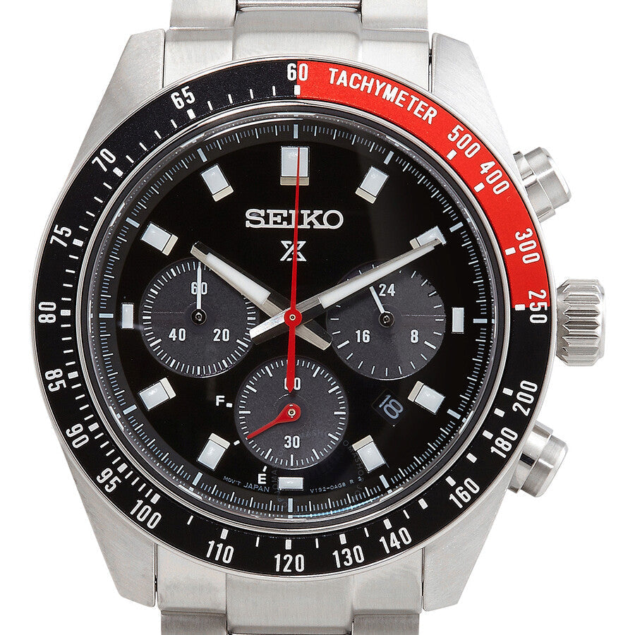 Seiko Prospex Speedtimer dial detail showing chronograph subdials, black dial, and red tachymeter bezel