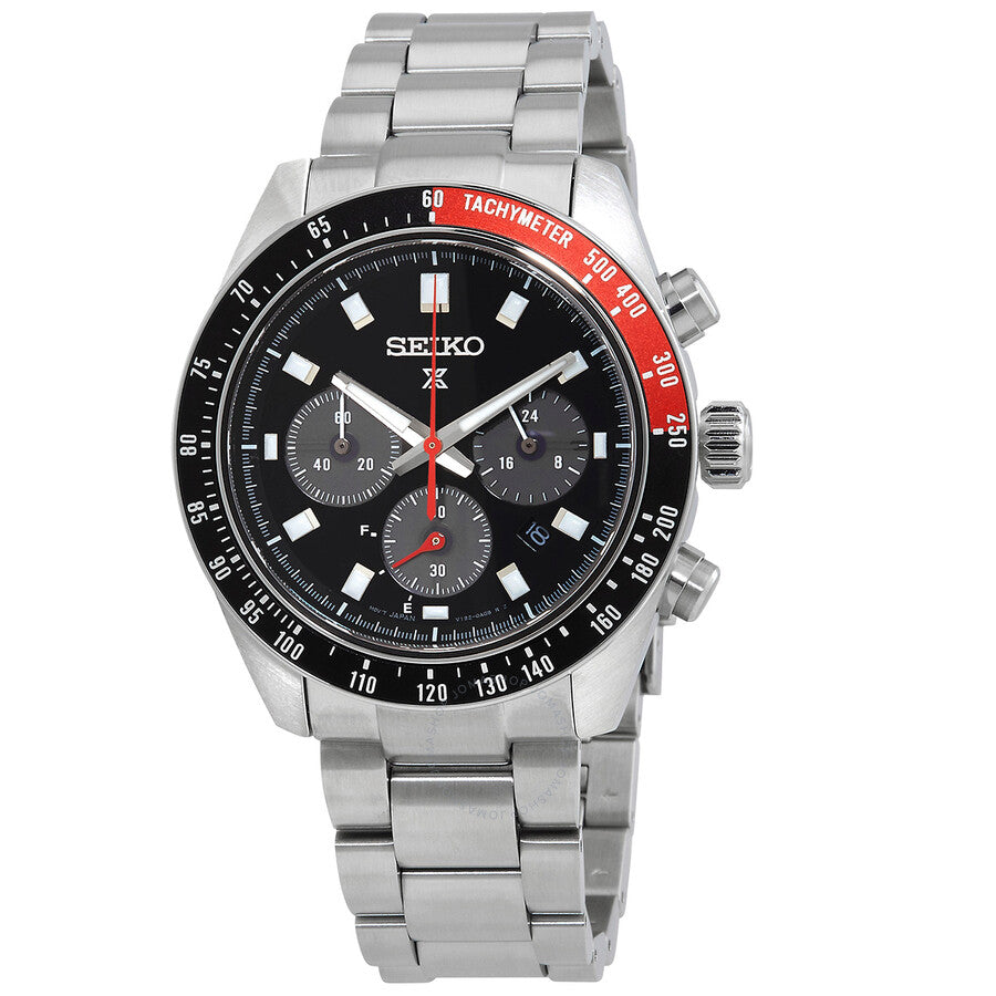 Seiko Prospex Speedtimer chronograph with black dial, red tachymeter bezel, and stainless steel bracelet