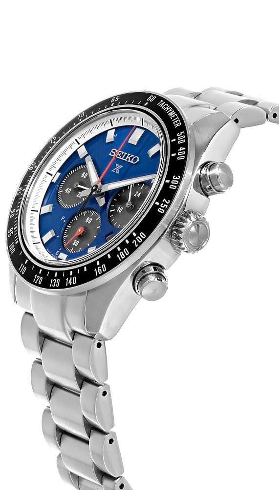 Side angle view of Seiko Prospex Speedtimer SSC931 stainless steel watch