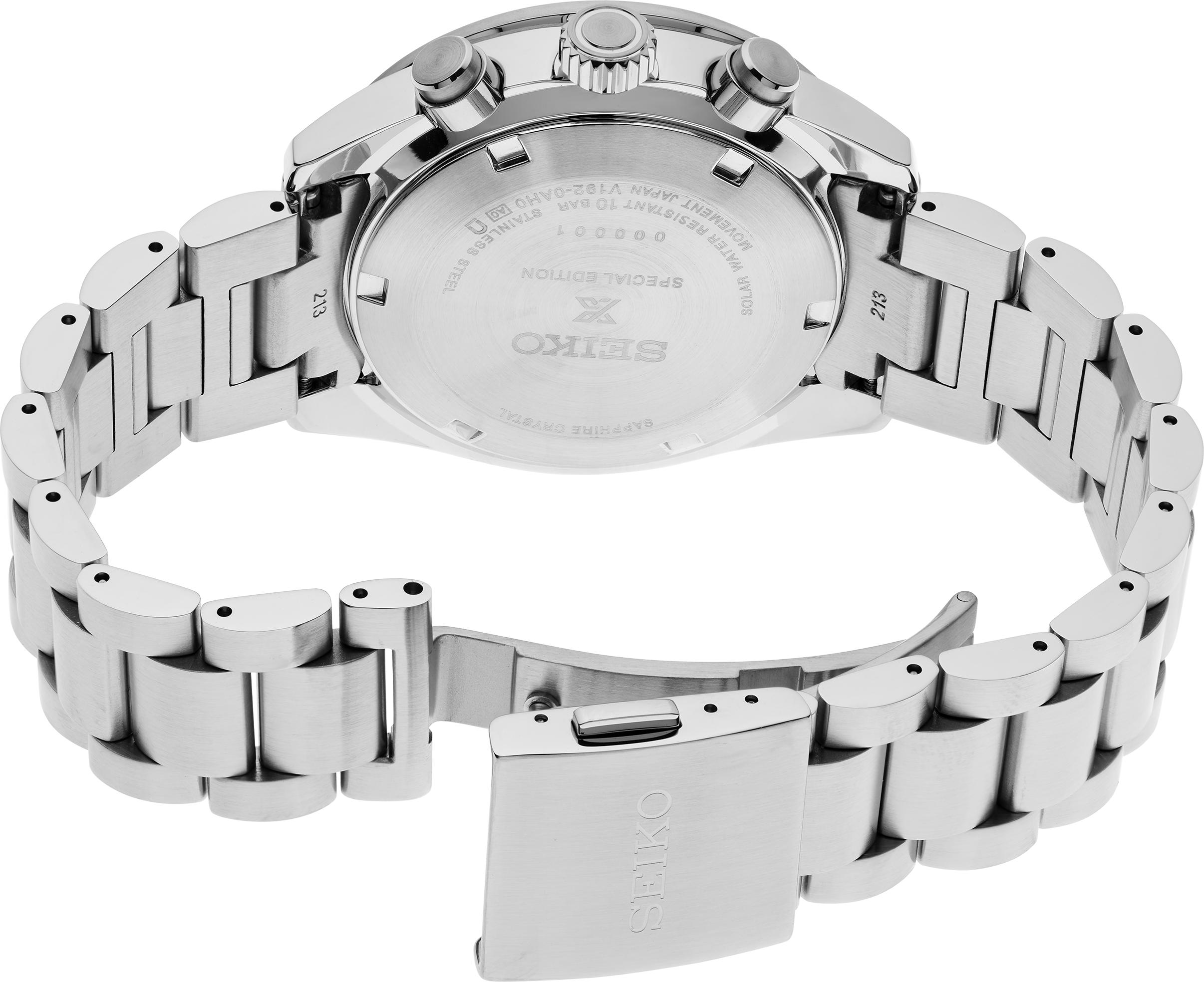 Seiko Prospex Speedtimer SSC931 caseback showing stainless steel bracelet and case back