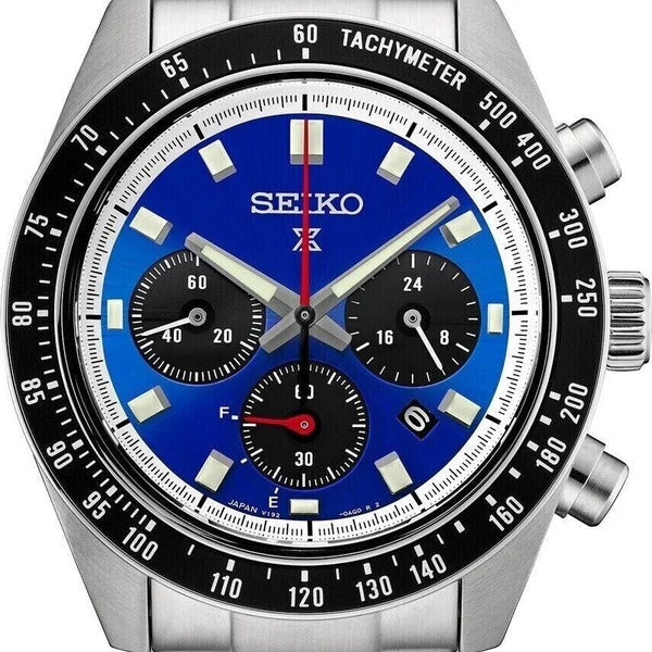 Close-up of Seiko Prospex Speedtimer SSC931 blue dial with chronograph subdials and tachymeter scale