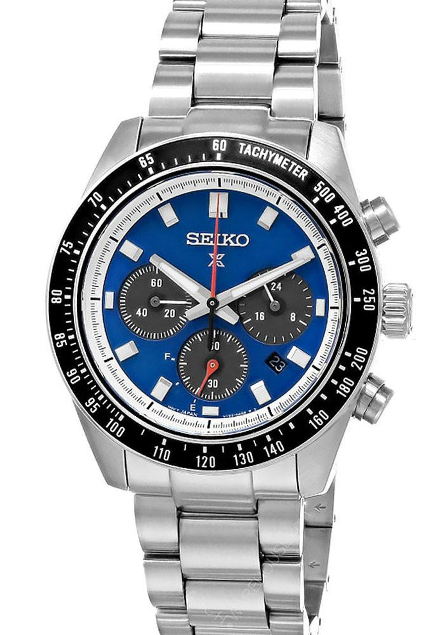 Seiko Prospex Speedtimer chronograph watch with blue dial and black tachymeter bezel