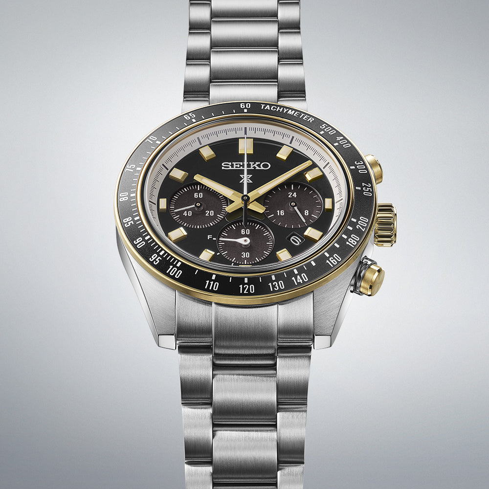 Seiko Prospex Speedtimer chronograph front view with black dial and steel three-link bracelet