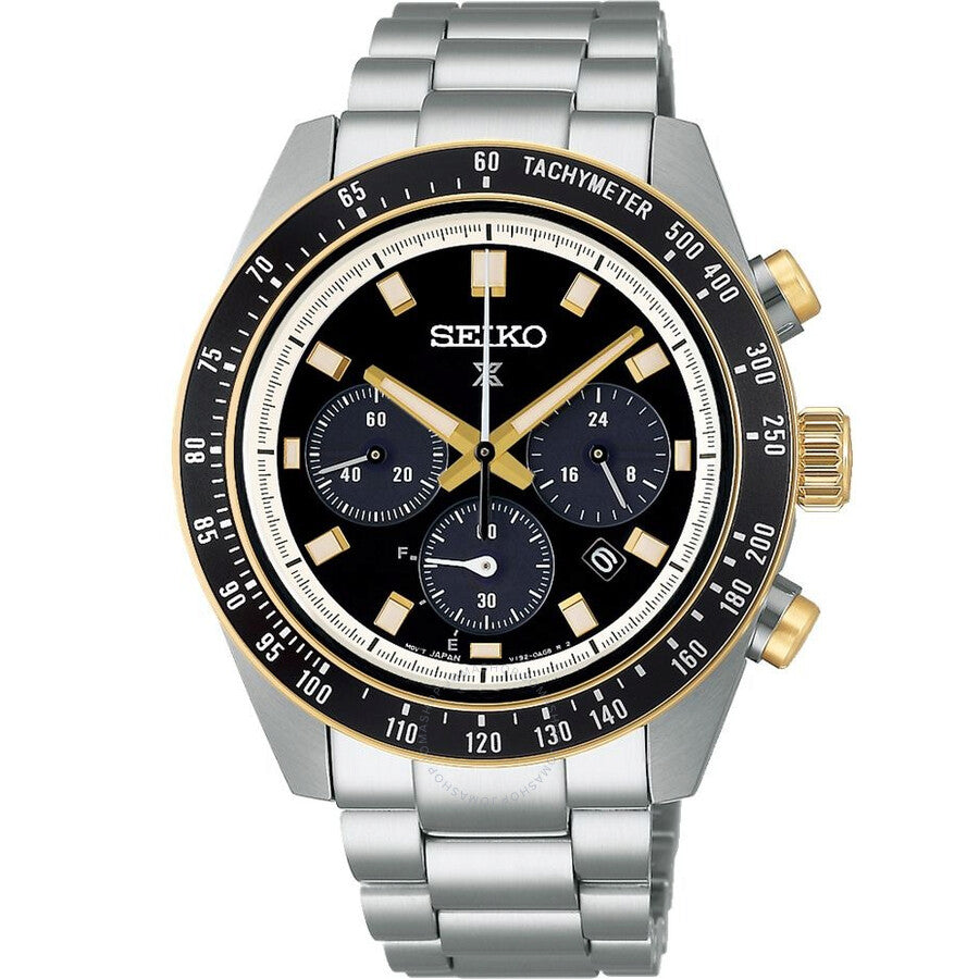 Seiko Prospex Speedtimer chronograph with black dial, two-tone steel and gold case, and tachymeter bezel