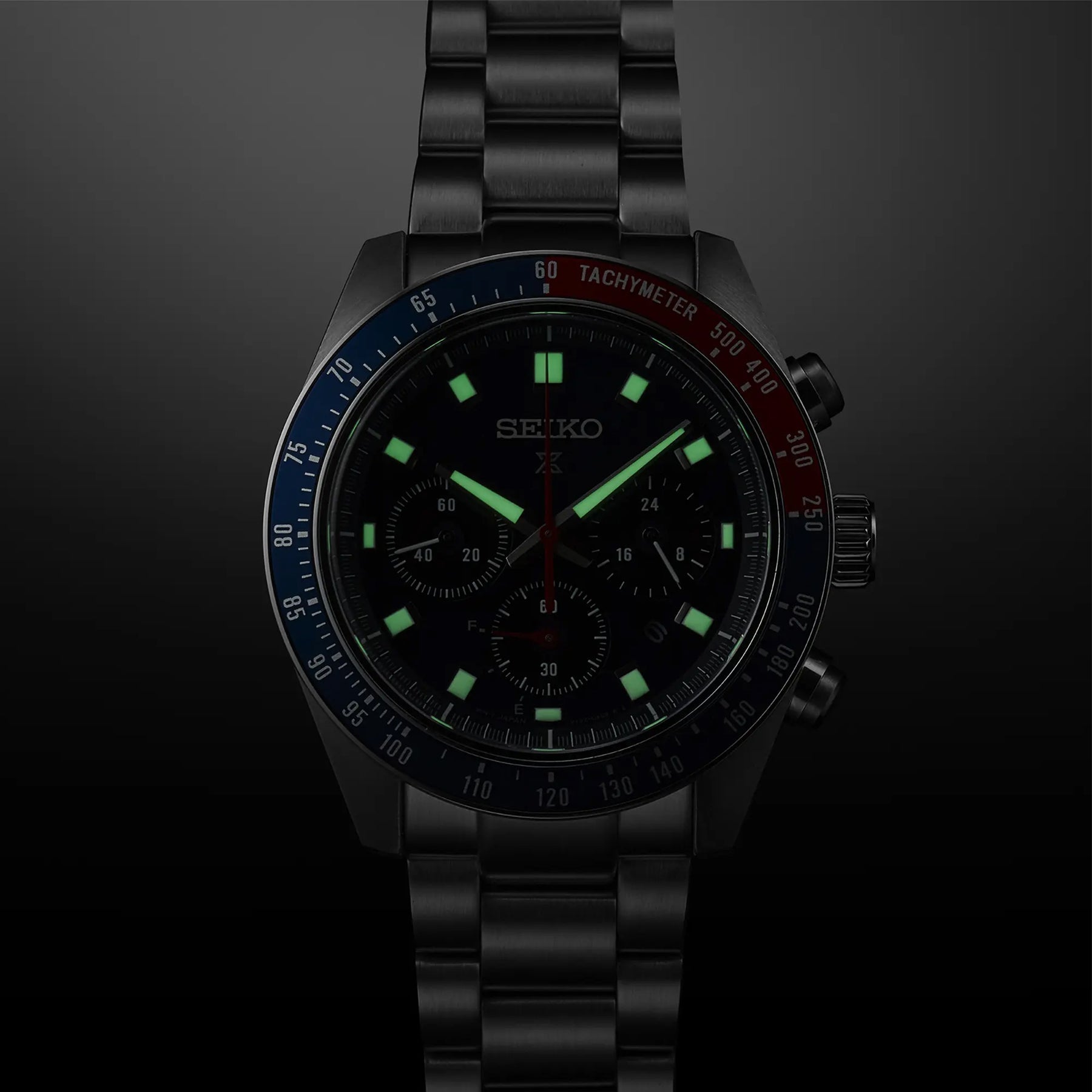 Seiko Speedtimer dial detail with luminous hour markers and chronograph subdials