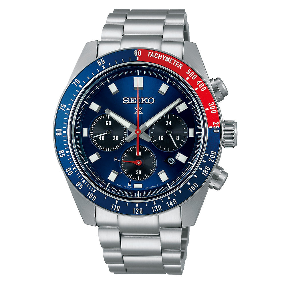 Seiko Pepsi Speedtimer silver chronograph watch with blue and red tachymeter bezel and dark dial