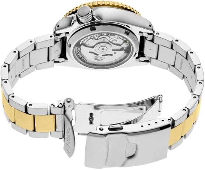 Seiko SRPK24 caseback showing automatic movement and two-tone case