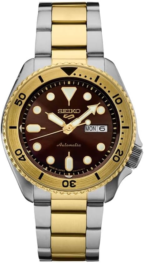 Seiko 5 Sports SRPK24 two-tone automatic watch with brown dial and rotating bezel