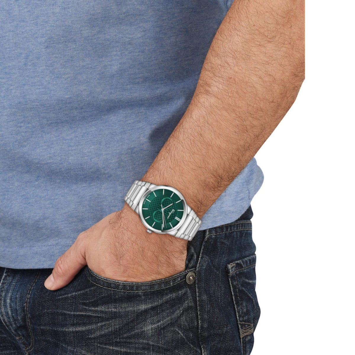 Ferragamo Salvatore watch worn on wrist showing green dial