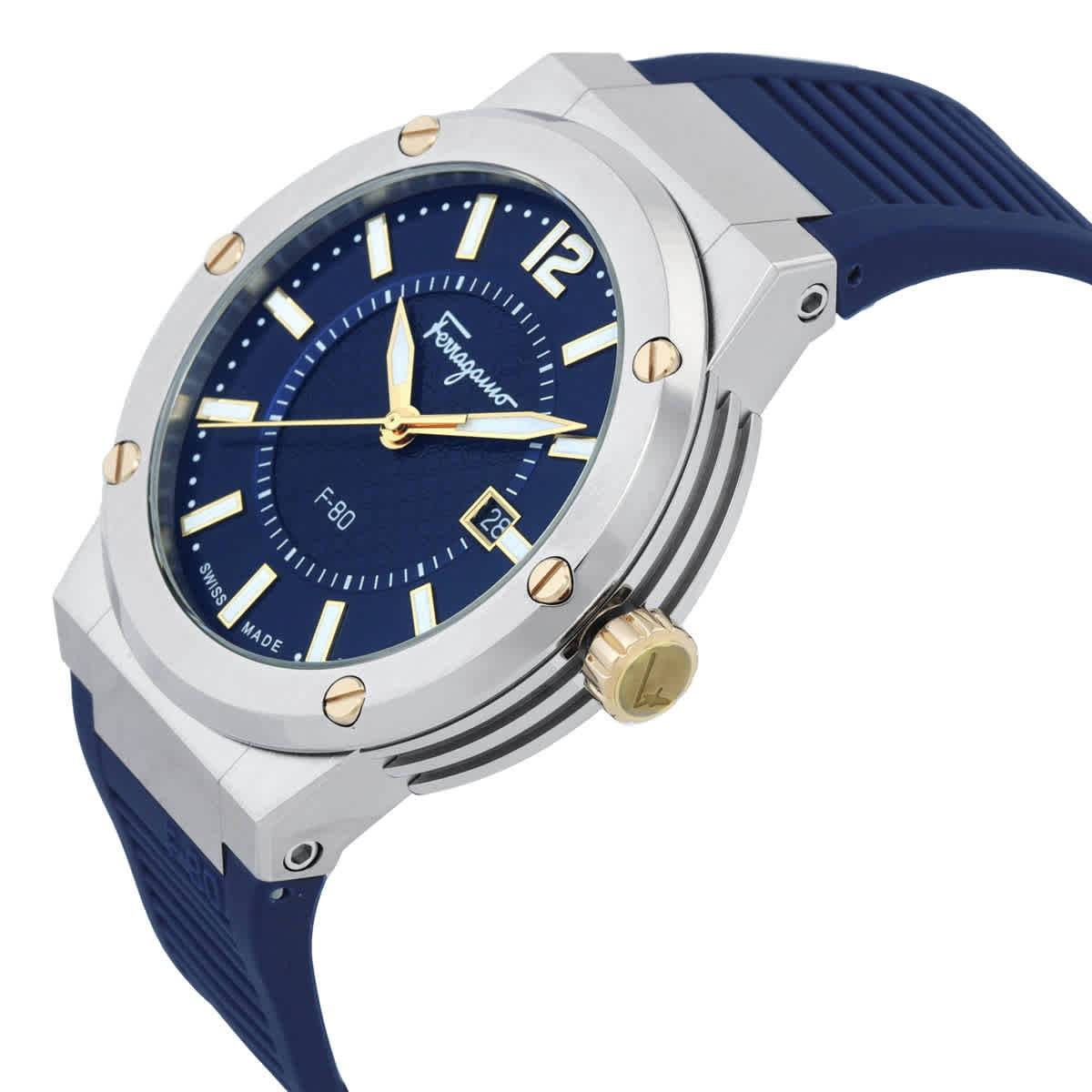 Ferragamo F-80 watch at angle showing blue dial, silver case, and blue rubber strap