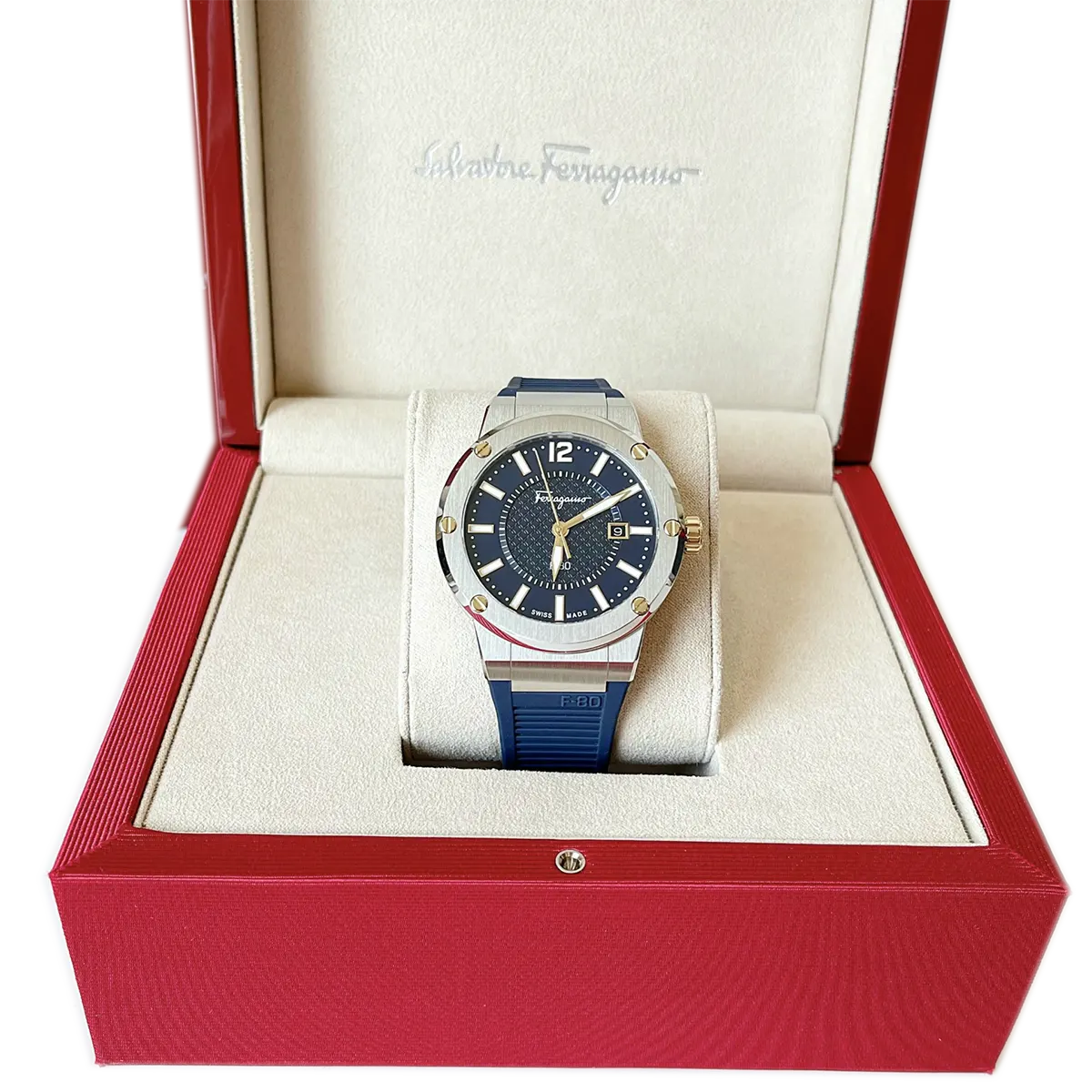 Ferragamo F-80 blue men's watch in presentation box with branded packaging
