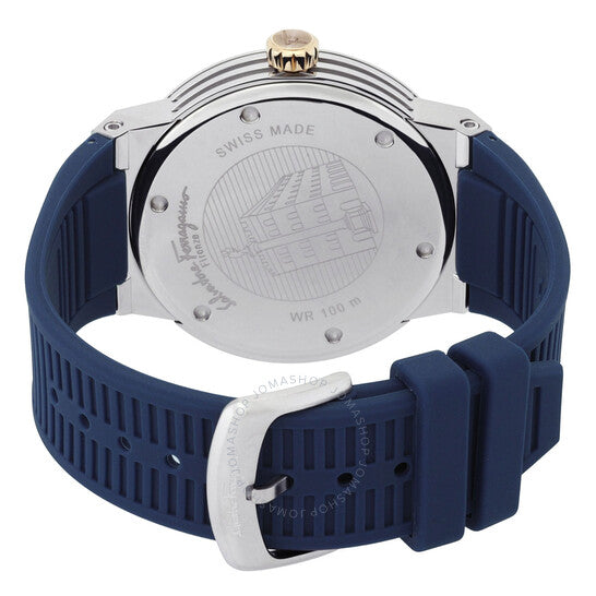 Ferragamo F-80 watch caseback showing Swiss made movement, water resistant 100m