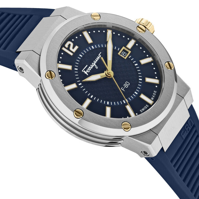 Close-up of Ferragamo F-80 blue dial with applied indices and gold-tone hands