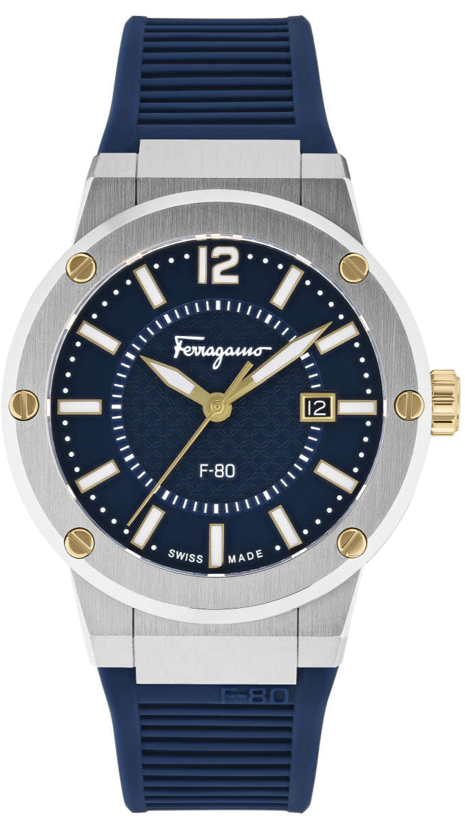 Ferragamo F-80 blue dial men's watch with stainless steel case and blue rubber strap