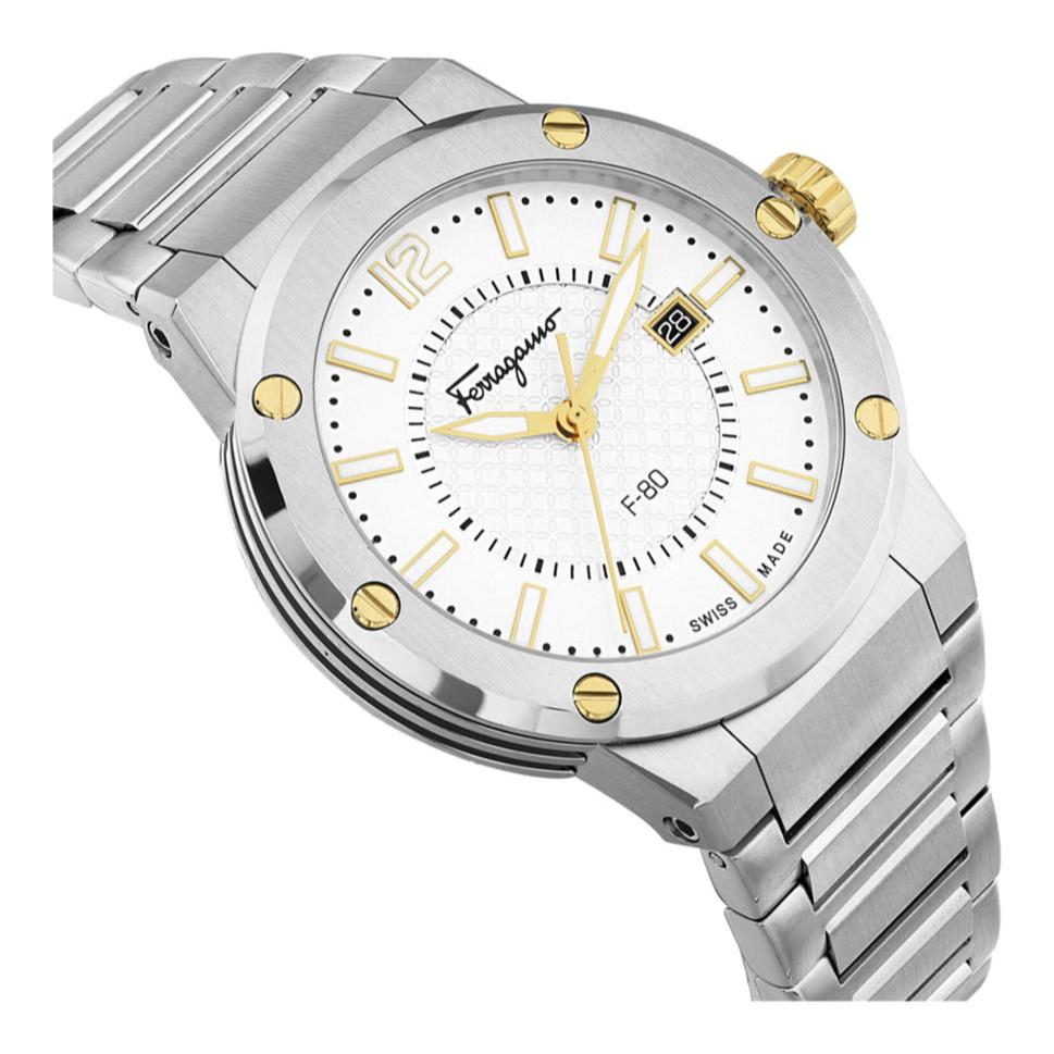 Ferragamo F-80 watch at angle showing silver steel band and white dial