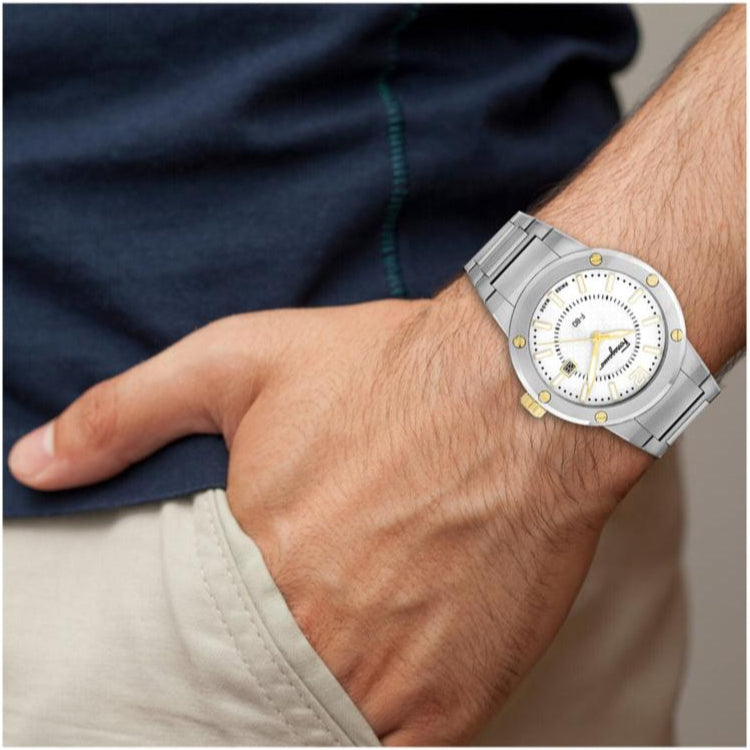 Ferragamo F-80 watch worn on wrist with silver steel band