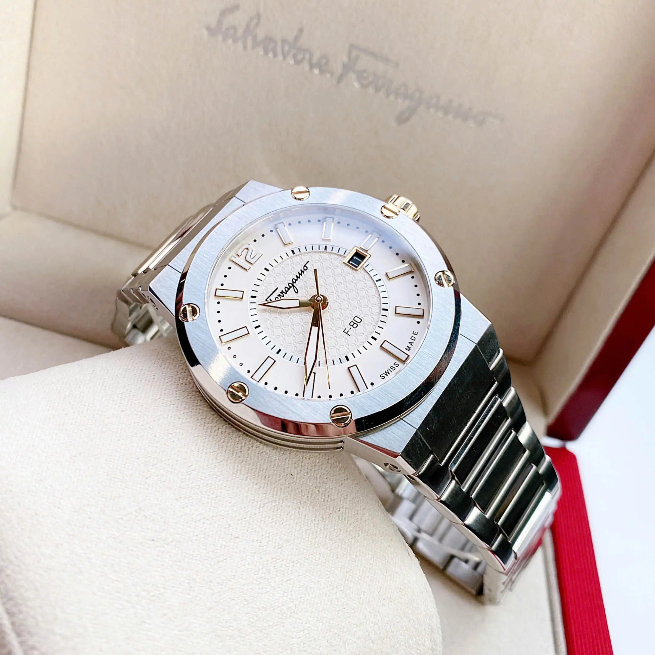 Ferragamo Salvatore F-80 watch displayed on branded storage box