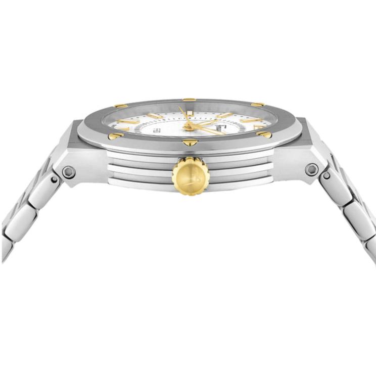 Side view of Ferragamo F-80 watch showing case and steel bracelet