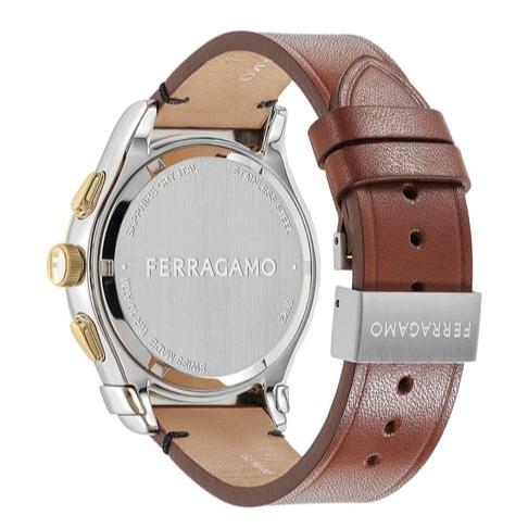 Watch caseback showing Ferragamo branding and brown leather strap with gold-tone buckle