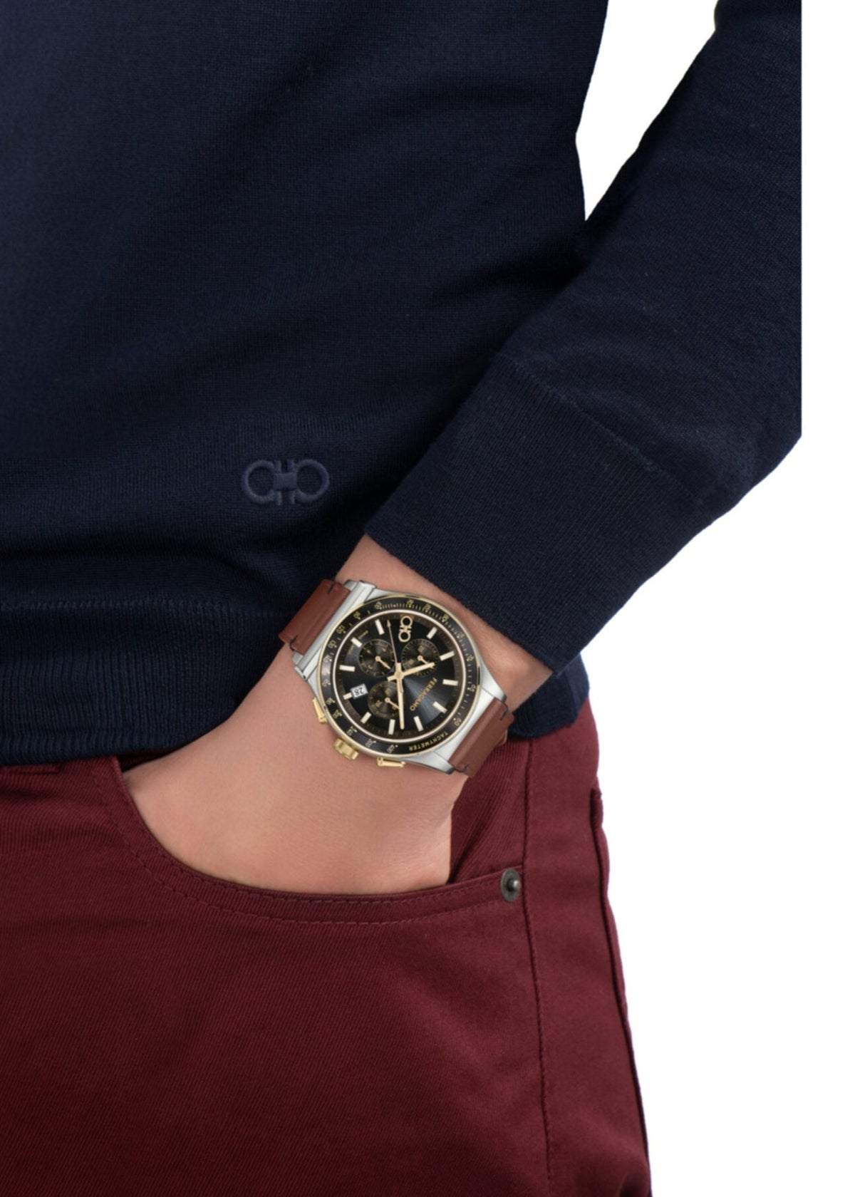Ferragamo 1927 Chrono watch worn on wrist with black dial and brown leather strap