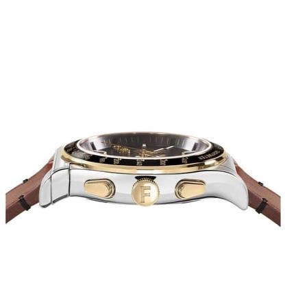 Side view of watch case showing stainless steel and gold-tone accents with chronograph pushers