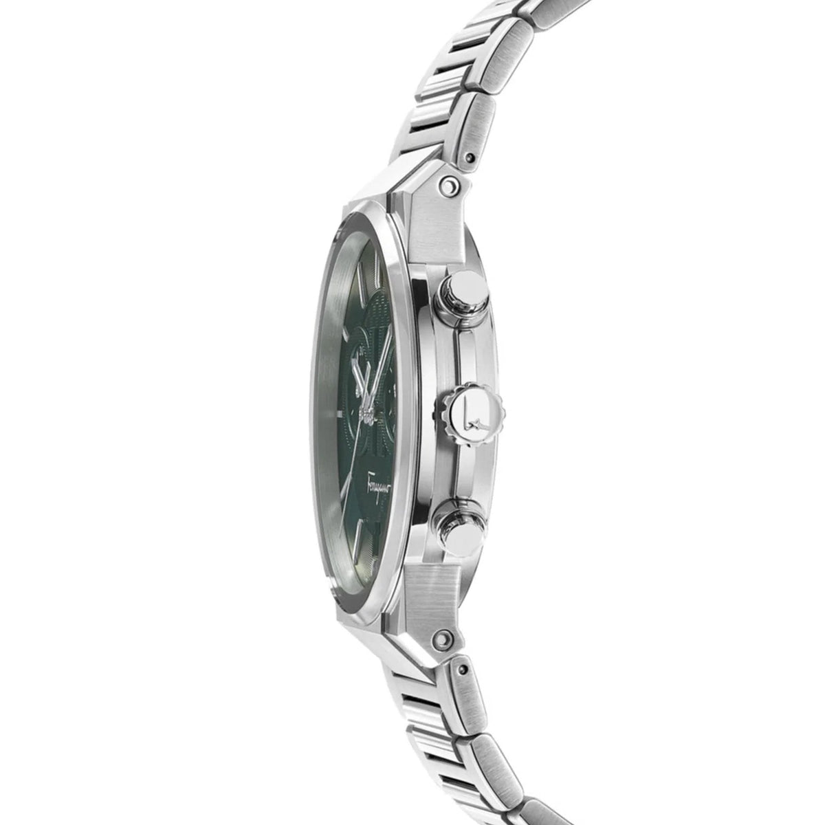 Side profile of Salvatore Ferragamo chronograph watch showing case depth and silver steel bracelet