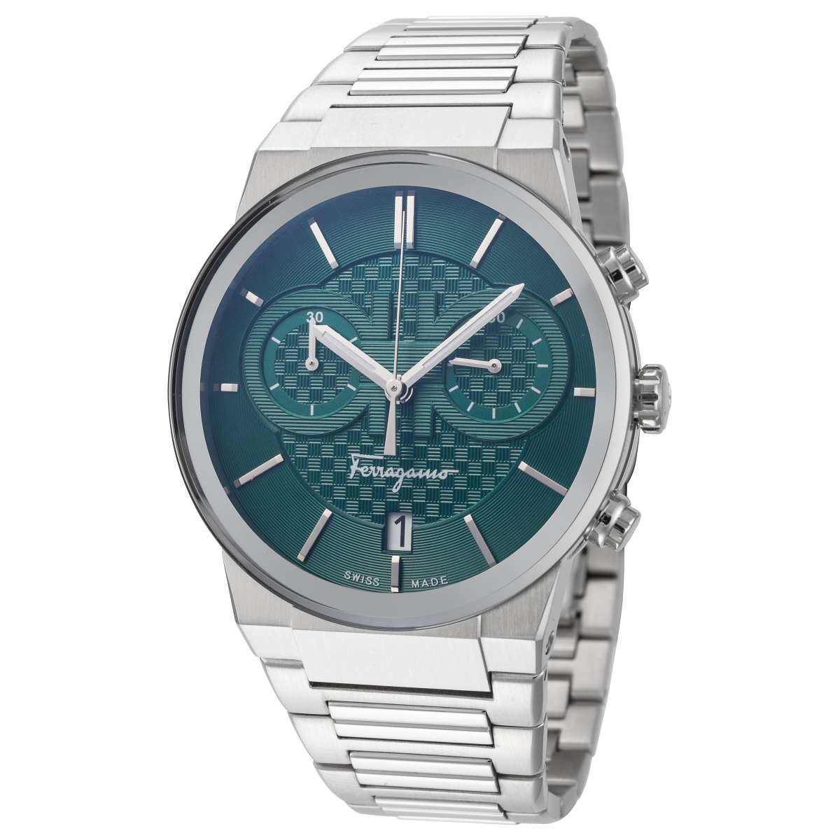 Salvatore Ferragamo Sapphire Chrono green dial chronograph watch with silver steel bracelet
