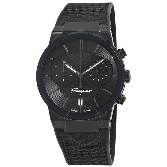 Salvatore Ferragamo Sapphire Chrono watch three-quarter view showing black dial with dual subdials and Ferragamo branding