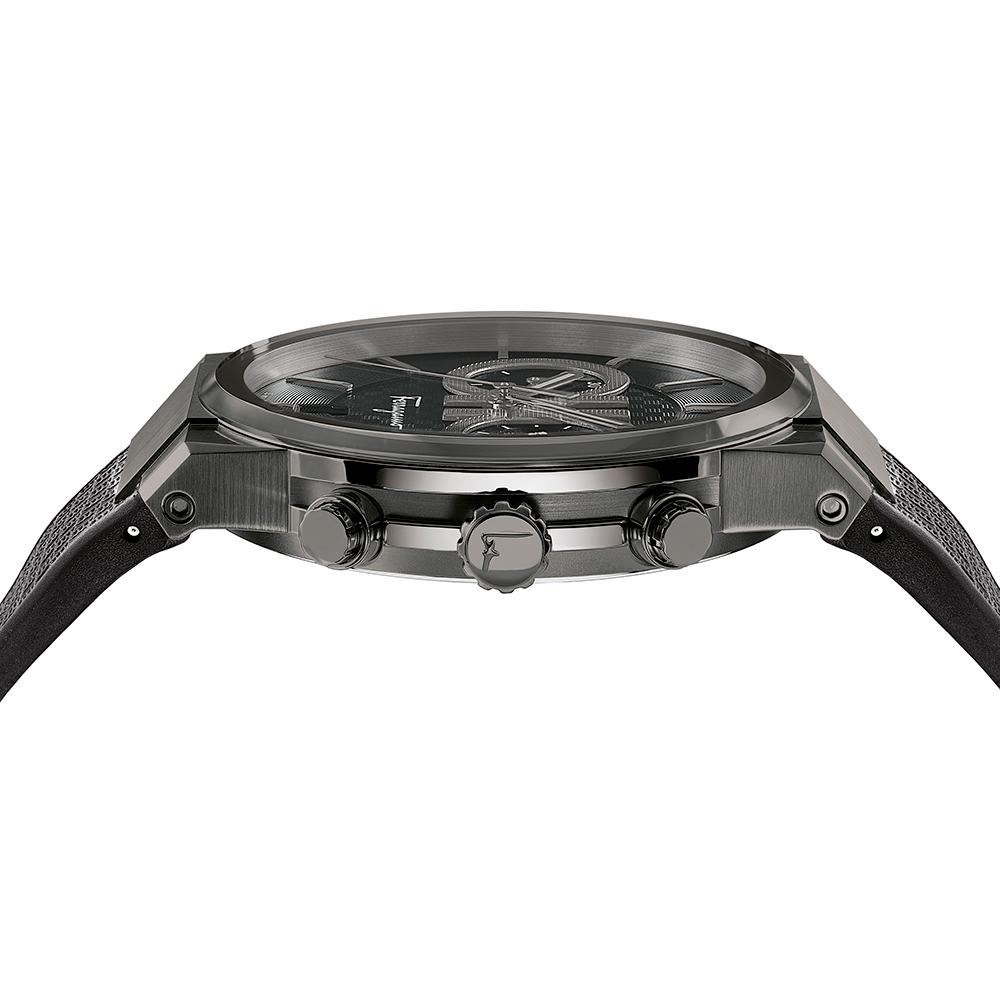 Salvatore Ferragamo Sapphire Chrono black dial detail with dual chronograph subdials and baton markers