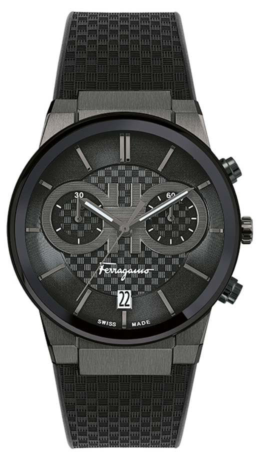 Salvatore Ferragamo Sapphire Chrono black chronograph watch with black dial and black rubber strap