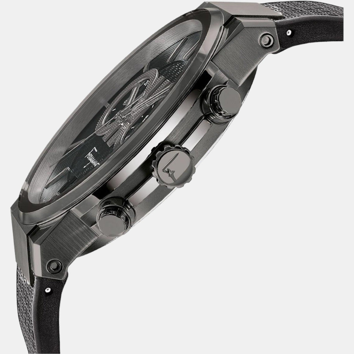 Salvatore Ferragamo Sapphire Chrono watch side profile showing chronograph pushers and black rubber strap