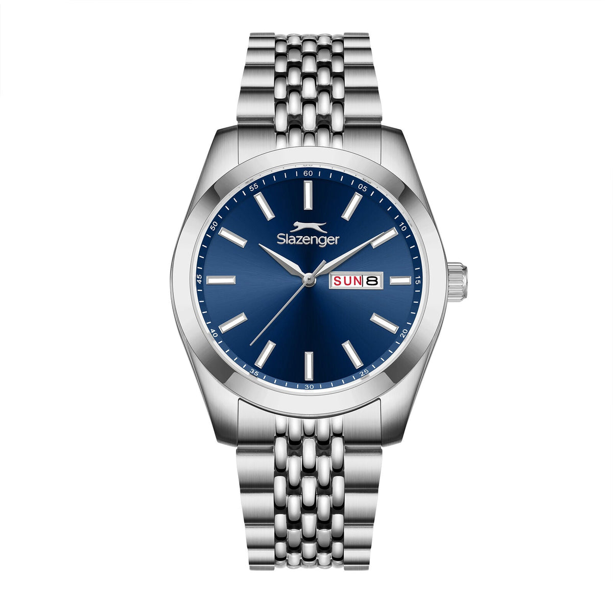 Slazenger Classic watch with blue dial, day-date window, and silver bracelet strap