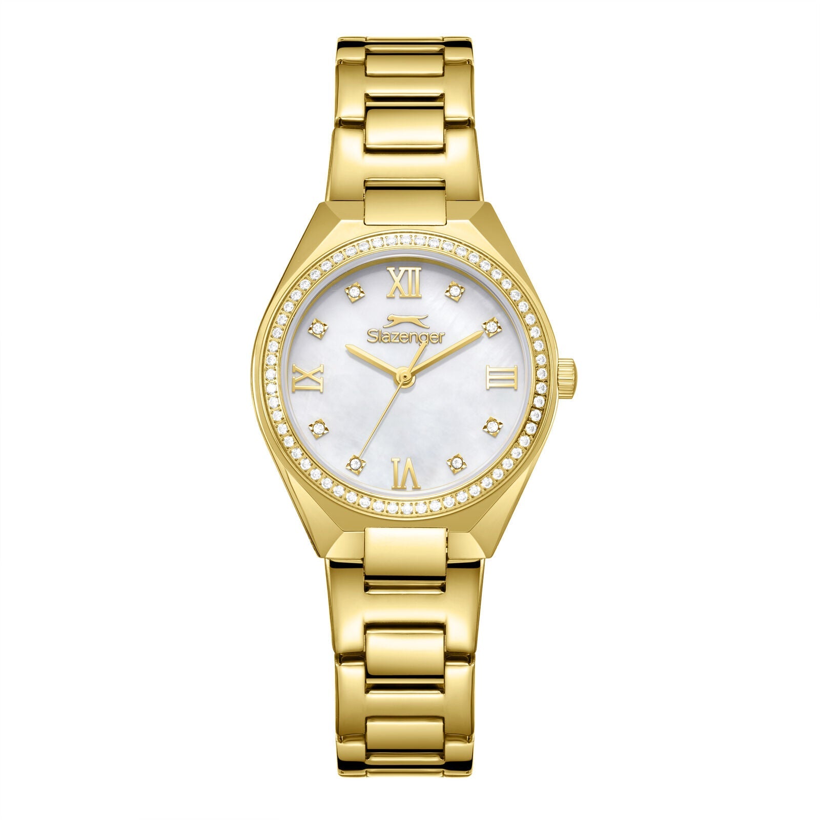 Slazenger Crystals gold watch with white dial, crystal bezel, and gold bracelet