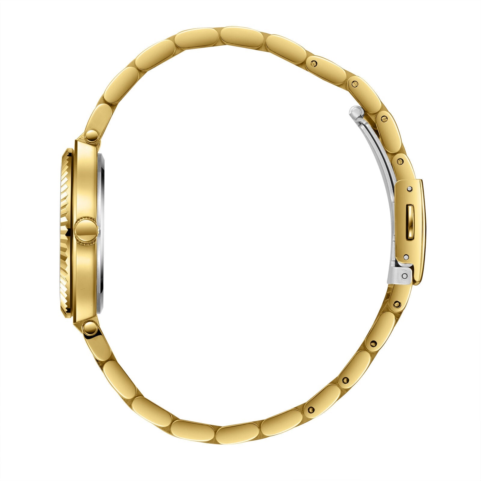 Side view of gold watch with fluted bezel and link bracelet